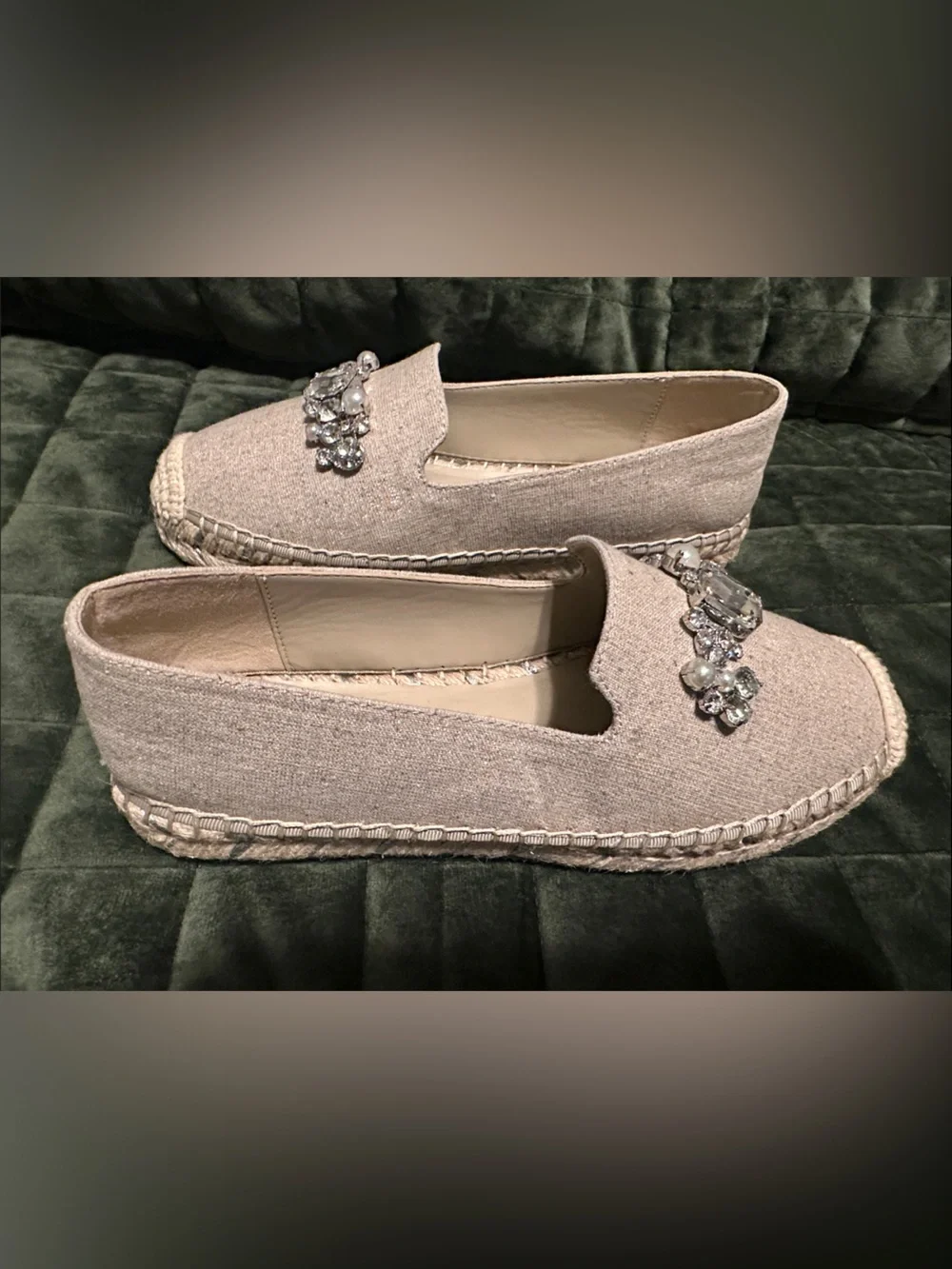 Karl Lagerfeld Beige Crystal & Pearl Espadrille Flats